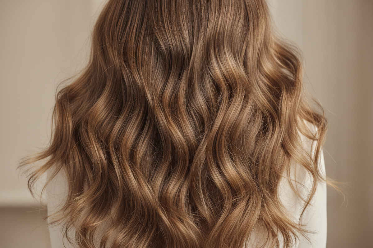 Close-up editorial image of long hair cascading naturally with visible texture and density. Focus on realism, movement, and softness rather than styling. Neutral background, luxury hair house aesthetic.